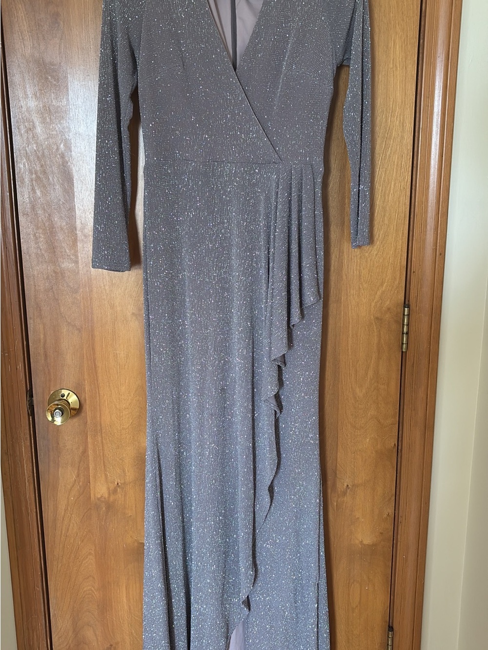 Adam Glittering Gray Wrap-Front Long Sleeve Maxi Dress